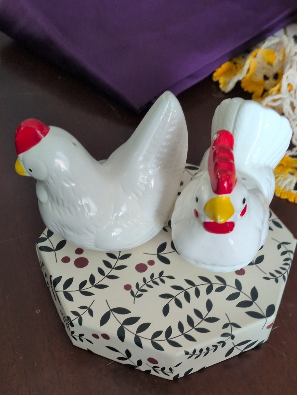 White Ceramic Chicken Salt and Pepper Shakers - Red & Yellow Accents
